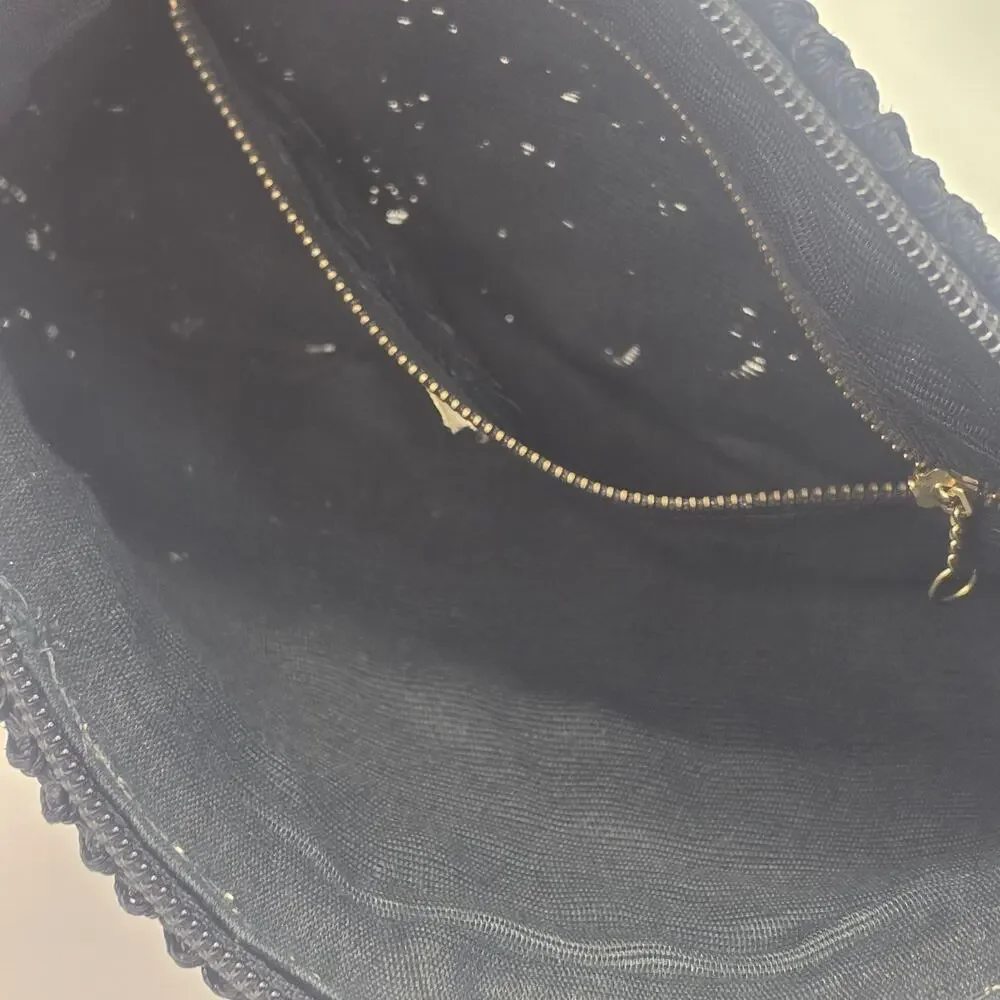 Vintage 1950s Black Cord Crochet Woven Clutch Handbag Purse Zip Retro MCM Japan